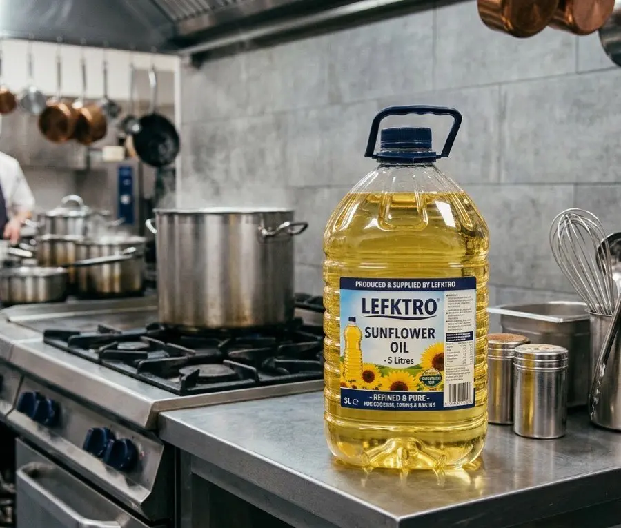 Wholesale vegetable oil bottled in a commercial kitchen